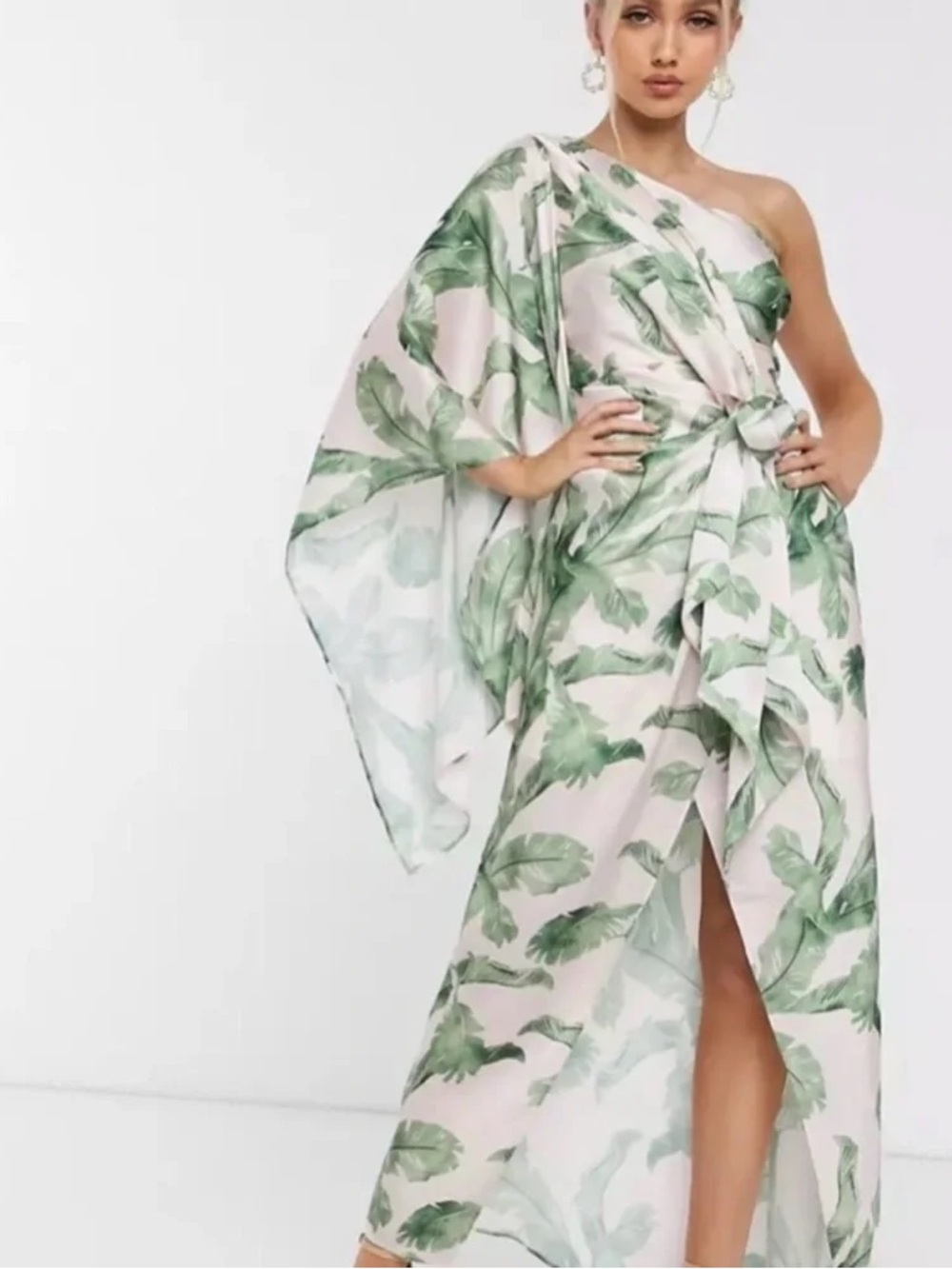 White One-Shoulder Maxi Dress with Green Leaf Print